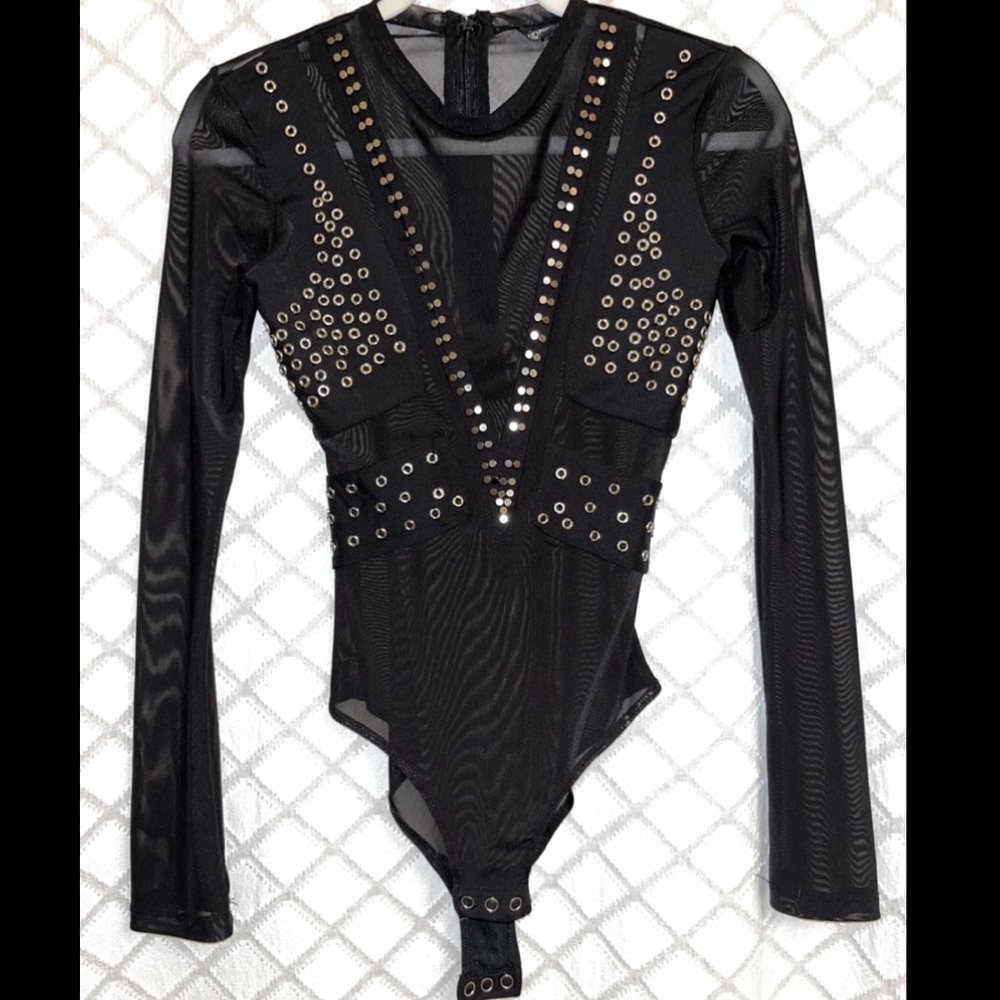 Top shop black sheer bodysuit with silver studs